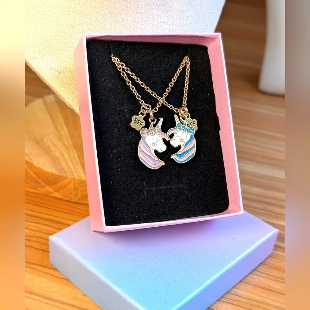 BFF Unicorn pony necklace set pastel rainbow gold tone gift pink purple blue